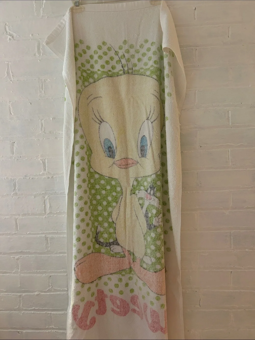vintage 1980s Warner Bros. Looney Tunes beach towel Tweety Bird and Sylvester
